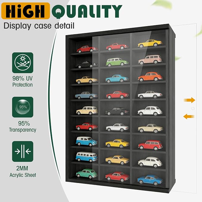 Model Car Display Case 24 x 17 in, Holds 54 Fits 1/64 Scale Toy car Storage Organizer,Wall-Mounted Toy Shelf Display Storage, Collapsible Wooden Box with 2 Acrylic Cover Plates (Only Box - Black) - Image 3