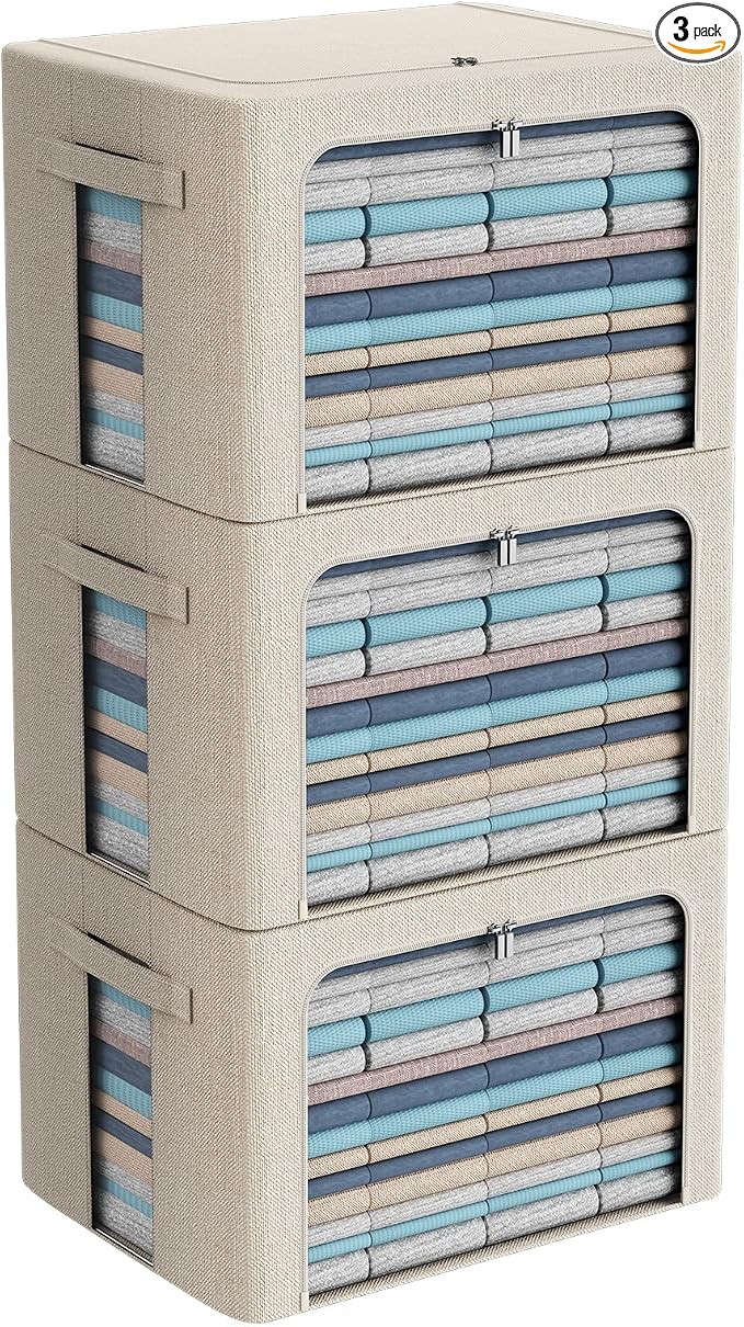 CYhom 3Pack Foldable Storage Bins - Frame Storage Box Linen Fabric Stackable Clothes Container Organizer with Clear Window & Carry Handles Large Capacity (Extra Large-100L, Beige) by CYhom