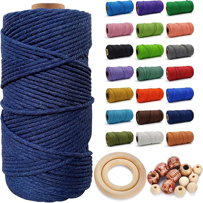Macrame Cotton Cord 5mm x 109 Yards - Natural Handmade Colorful Macrame Rope - 4 Strand Twisted Cotton Rope for Wall Hanging Tapestry Plant Hangers Gift Wrapping DIY Craft (Navy Blue) by FocusoncottonHdviai