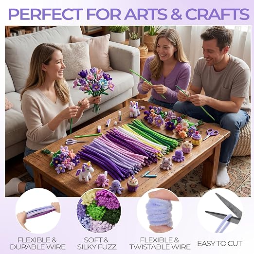 Libima 3800 Pcs Pipe Cleaners Bulk 10 Colors Chenille Stems Craft Supplies 12" Long Fuzzy Sticks 6 mm Teacher Welcome Back Gifts DIY Flower Kits for Art Bouquet Creative Activity Decor (Purple) - Image 4