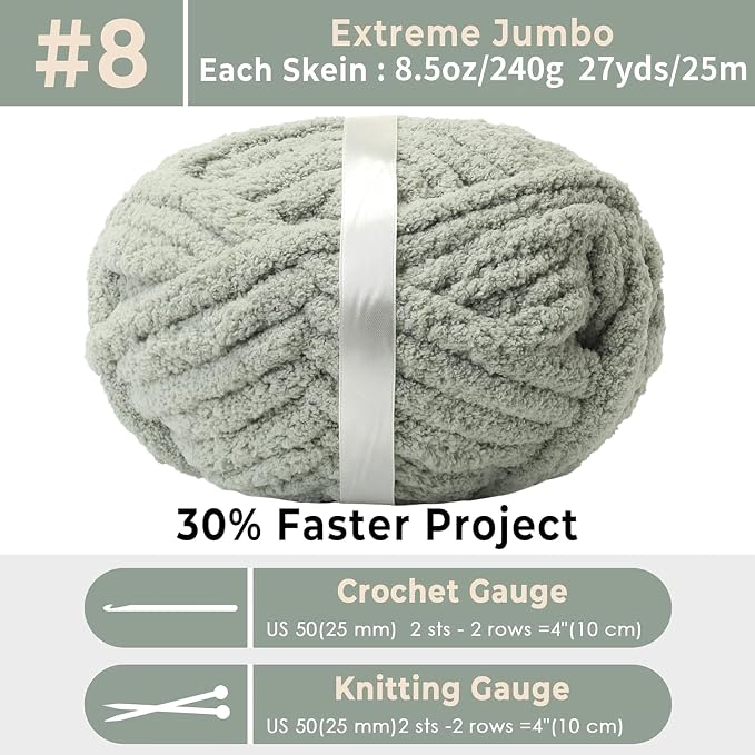 Chunky Chenille Yarn for Hand Knitting 8 Jumbo Pack Chunky Yarn for Hand Soft Blanket Knitting, Bulky Thick Fluffy Yarn for Crocheting (Sage Green) - Image 2
