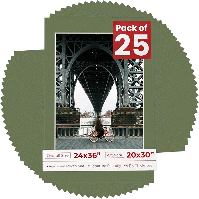20x30 Mat for 24x36 Frame - Precut Mat Board Acid-Free Dill Green 20x30 Photo Matte For a 24x36 Picture Frame, Premium Matboard for Family Photos, Show Kits, Art, Picture Framing, Pack of 25 Mats by PosterPalooza