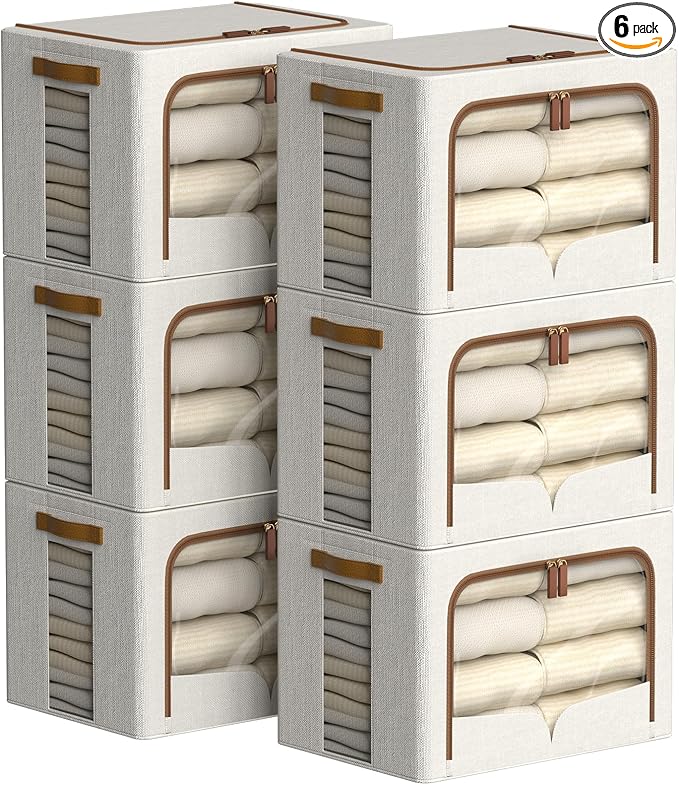 FHSQX 6 Pack Clothes Storage Bins - Foldable Storage Bins for Clothes Fabric Storage Box with Metal Frame (Cream White, 16.5x12.2x12.2 inch) by FHSQX