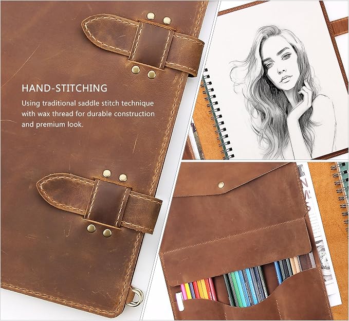 Robrasim Handmade Leather Sketchbook Cover, Artist Sketch Pad Holder for 11"X14" Sketchbook, Drawing Book and Pencil Case, Journal Notebook Portfolio with Shoulder Strap, Artist Gifts, Brown - Image 4