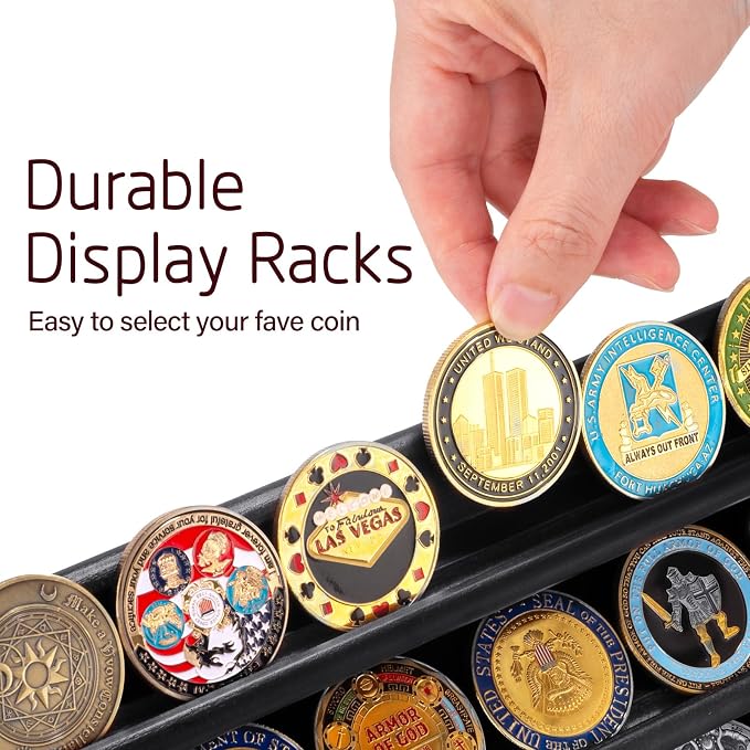 5 Row Challenge Coin Display Stand, Wood Military Army Coins Rack for Wall or Desk Display, Coin Storage Holder Case for Coin Collection, Black - Image 4