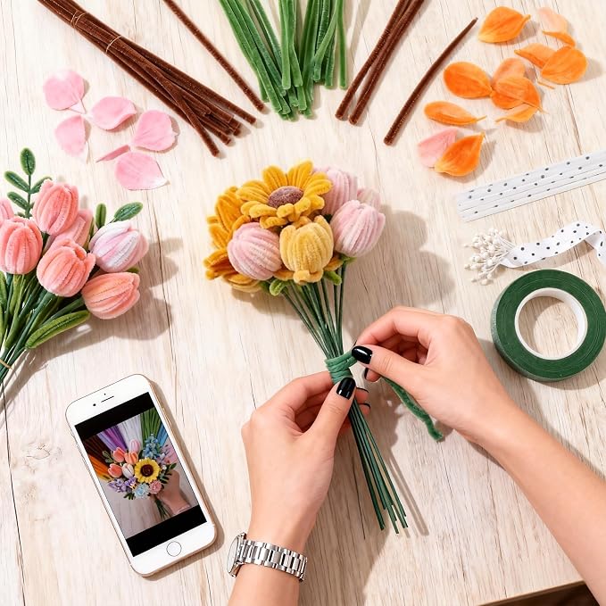 Zeniith-Living 800-Piece Pipe Cleaner Flower Kit, 12 Vibrant Colors | All-in-One Flower Craft kit, Step-by-Step Video Tutorial, Soft Bendable Stems, for Holidays, Gift and DIY Friendly - Image 8