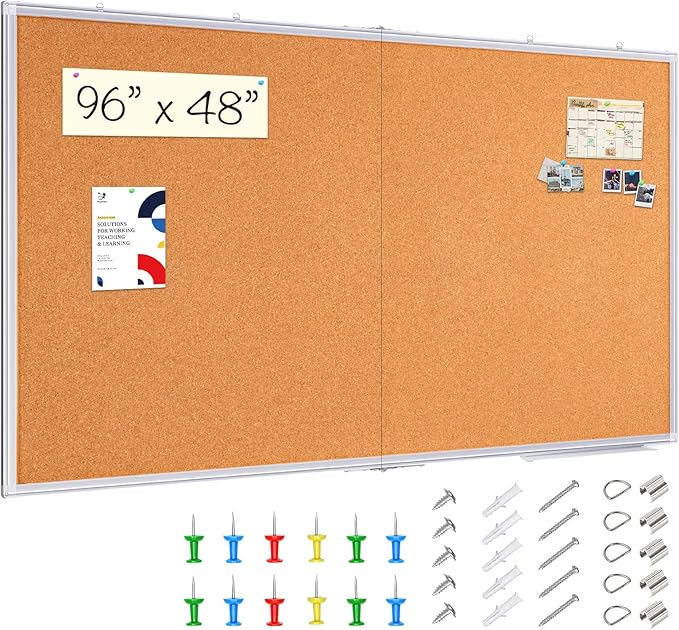 Maxtek Cork Board 96 x 48 in, Large Bulletin Board for Wall Aluminum Framed | 8'X 4' Corkboard Foldable Wall Mount Design, Pin Memo Notice Board for Office, Home, School, and Wall Display, Silver by Maxtek