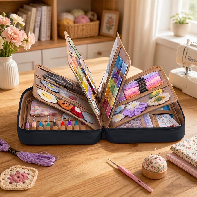 AMOIGEE Sewing Supplies Organizer Bag, Large Craft Storage Tote with 17 Clear Pockets&Tool Holders, Portable Crochet Knitting Embroidery Organizer Case for Threads, Hooks, Needles & Sewing Accessories - Image 6