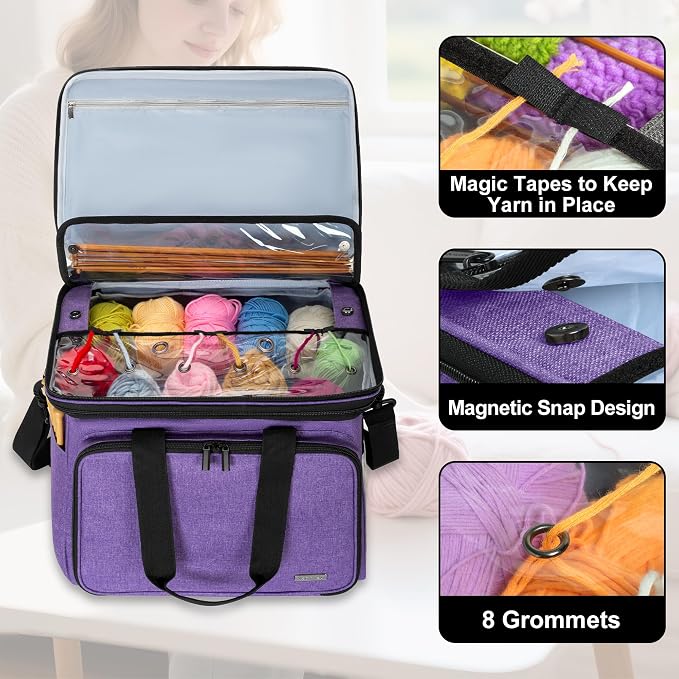 Teamoy Crochet Bag, Knitting Bag Yarn Storage Tote, Yarn Organizer, Purple | Yarn Holder for Crocheting, with Inner Divider and Cover, for Yarn Skeins, Project, Knitting Needles, and Crochet Supplies - Image 2