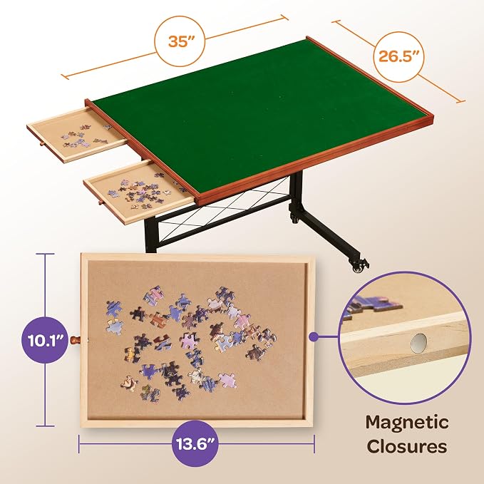 JoyBerri Jigsaw Puzzle Table with Drawers – Adjustable Height, All Ages | Portable puzzle station, for 1500 piece, 9 height levels, locking wheels, cover & bonus puzzle included - Image 6