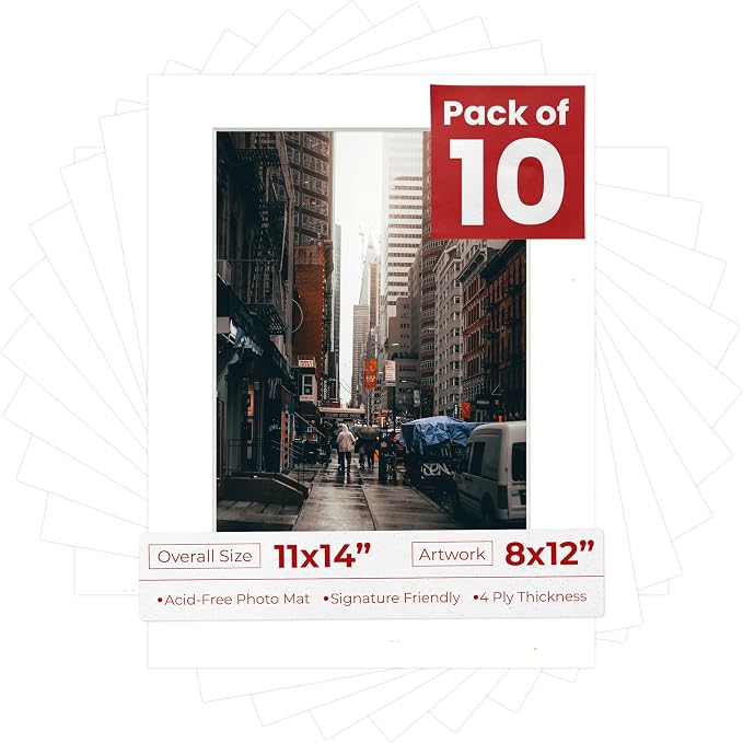 8x12 Mat for 11x14 Frame - Precut Mat Board Acid-Free Show Kit with Backing Board, and Clear Bags Textured White 8x12 Photo Matte For a 11x14 Picture Frame Matboard for Framing, Pack of 10 Mats by PosterPalooza