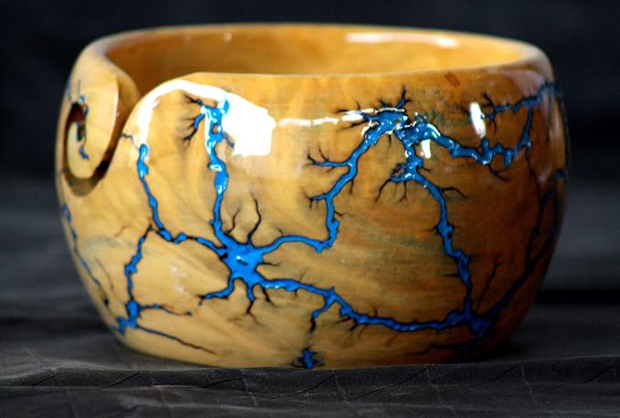 Lichtenberg Figure Yarn Bowl - Handmade Wooden Yarn Bowl for Knitting Yarn Ball Holder - Yarn Bowls with Holes Crochet Bowl Holder - Yarn Storage Bowl 7" x 4" inches (Blue-B) by meritwoodencraft