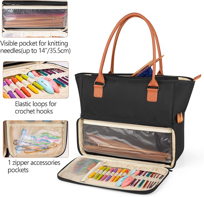 Yarwo Large Knitting Tote Bag with Crochet Hook & Needles Organizer Pockets | Yarn Storage Bag for WIP Projects, 14” Knitting Needles, Yarn Skeins, 4 Yarn Holes, Christmas & New Beginning Gifts for Women - Image 3