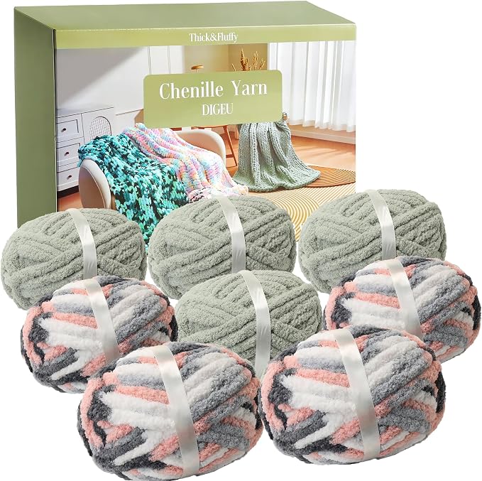 Chunky Chenille Yarn for Hand Knitting 8 Jumbo Pack Chunky Yarn for Hand Soft Blanket Knitting, Bulky Thick Fluffy Yarn for Crocheting (Sage Green + Kitten) by DIGEU