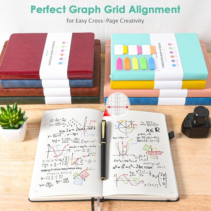 5 Pack Graph Paper Notebook Bulk, A5, 312 Numbered Pages Grid Journal Set | Cost-Effective 5 Pack 1600 Pages, 100gsm No Bleed Paper, Leather Hardcover, Lay-Flat, for Math, Engineering, Technical Notes - Image 6