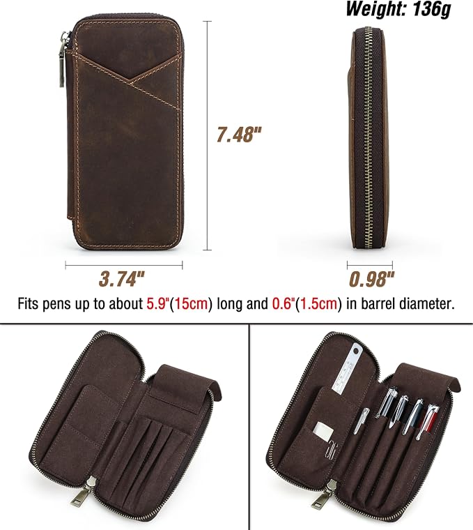 Top Grain Genuine Leather 4 Fountain Pen/Pencil Case Pouch, Handmade Minimalist Design, Zipper Closure with Multi-Function & Slots, Gift Choice for Man/Woman/Office, Matte Coffee, 4 Slots - Image 4