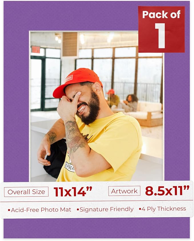 8.5x11 Mat for 11x14 Frame - Precut Mat Board Acid-Free Show Kit with Backing Board, and Clear Bags Purple 8.5x11 Photo Matte Made to Fit a 11x14 Picture Frame Matboard for Framing, Pack of 1 Mat by PosterPalooza