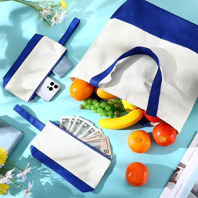 Sanwuta 16 Pcs Canvas Tote Bags Bulk with Zipper Cosmetic Pouch,Blue | 18.5" Reusable Cotton Shopping Bag with Handle for DIY Craft - Image 2