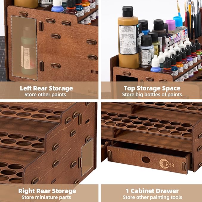 Wooden Paint Organizer 98 Holes Rack for Miniature Paints & Brushes | Fits 17/18ml Miniature Paint Set with 1.02" Dia Holes for Popular Hobby Paint Storage, 1 Drawer, 25 Brush Holes & 24 Slots - Image 6