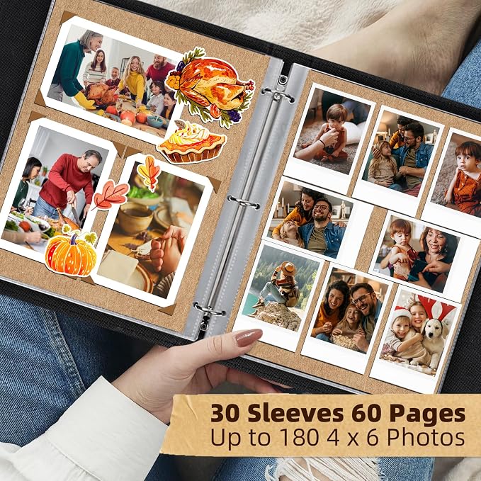 Vienrose 13"x11" Scrapbook Album Gift Set Faux Leather DarkBrown 60 Pages | 3 Ring Scrapbook With 60 Kraft Pages, 30 Plastic Sleeves, Blank Scrapbooks, Photobook, Valentine Gift Wedding Anniversary - Image 4