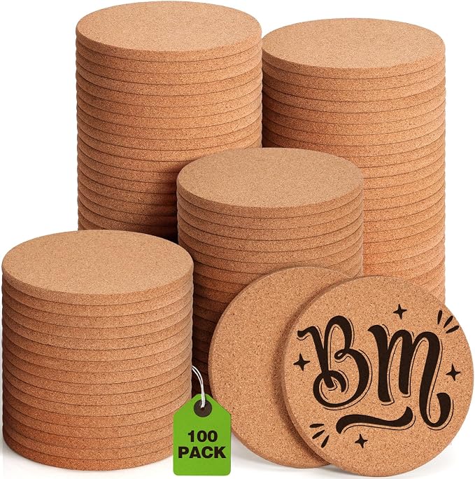 100 PCS Cork Coasters for Laser Engraving, Thick Absorbent Blank Coasters | 4 Inch Heat Resistant Coffee Table Coaster Bulk Plant Saucers Home Decor for Wood Burning, DIY Crafts, Wedding, Party, Round by GOHDODD