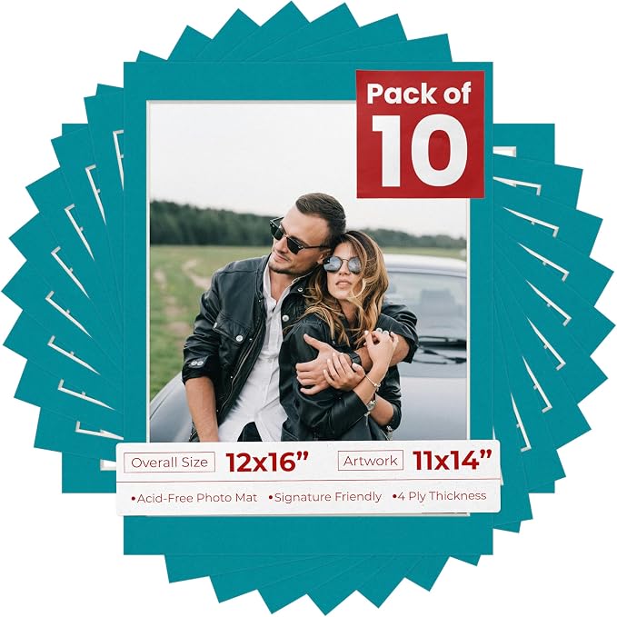 11x14 Mat for 12x16 Frame - Precut Mat Board Acid-Free Show Kit with Backing Board, and Clear Bags Teal Blue 11x14 Photo Matte Made to Fit a 12x16 Picture Frame Matboard for Framing, Pack of 10 Mats by PosterPalooza
