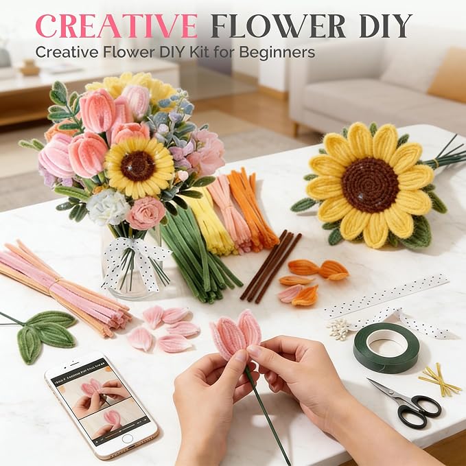 Zeniith-Living 800-Piece Pipe Cleaner Flower Kit, 12 Vibrant Colors | All-in-One Flower Craft kit, Step-by-Step Video Tutorial, Soft Bendable Stems, for Holidays, Gift and DIY Friendly - Image 6