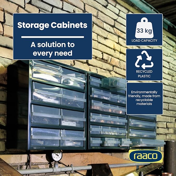 Raaco Steel Storage Cabinet, Tall 44-Drawer (C11-44) | Clear Polypropylene Plastic Drawer, Small Parts Organizer, Screws, Nuts & Bolts, Crafts & Hardware - For workshop and garage - Image 3