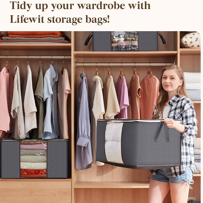 Lifewit 3 Pack 90L Clothes Storage Bins with Lids, Foldable Blanket Storage Bags with Zippers, Clear Window and Reinforced Handles, Closet and Organization for Clothing, Sweater, Comforter, Bedding - Image 10