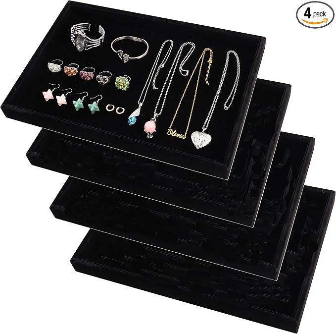 4 Pcs 13.8"x9.5" Velvet Jewelry Tray Jewelry Display Tray Stackable Plate | Jewelry Organizer Trays for Earrings Necklaces Bracelet Rings Display Showcase - Black by Mornajina