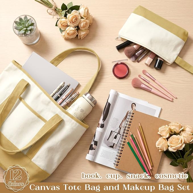 Sanwuta 24 Pcs Canvas Tote Bags Bulk with Outer Pocket and Makeup Pouch 18'' Reusable Grocery Bags with Handles for Women Beach DIY (Boho) - Image 6