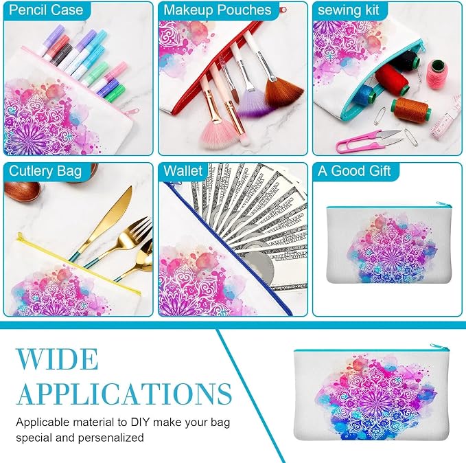 Frienda 100 Pcs Sublimation Blank Canvas Makeup Bags Bulk DIY Heat Transfer Canvas Pen Case Pencil Cosmetic Makeup Bags Clear Sublimation Blank Pouch with Zipper (7 x 4.3 Inch,Mixed Colors) - Image 4