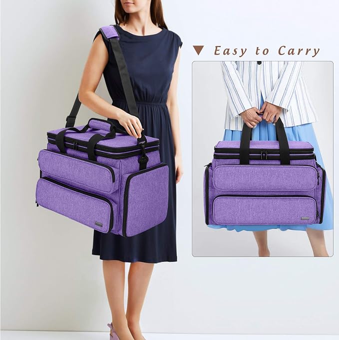 Yarwo Large Crochet Bag Knitting Tote, Yarn Storage Bag with Shoulder Strap | Organizer for Knitting Needles & Crochet Hook(Up to 14”), Clear Top Lid, Unfinished Project Compartment, 4 Yarn Holes, Purple - Image 5