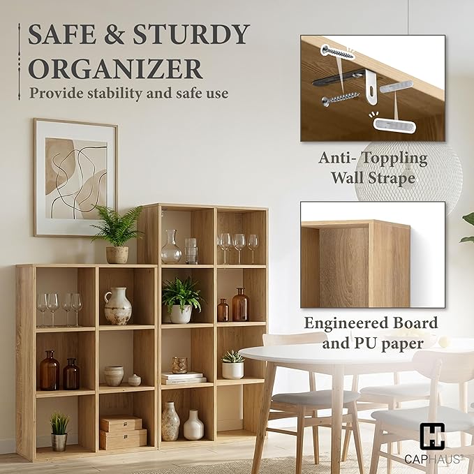 Fencer Wire 11-Inch Cube Storage Organizer Shelf w/Back, with Exterior Edge, Room Storage Shelves Divider, Bookcase, 9-Cube, Natural Oak