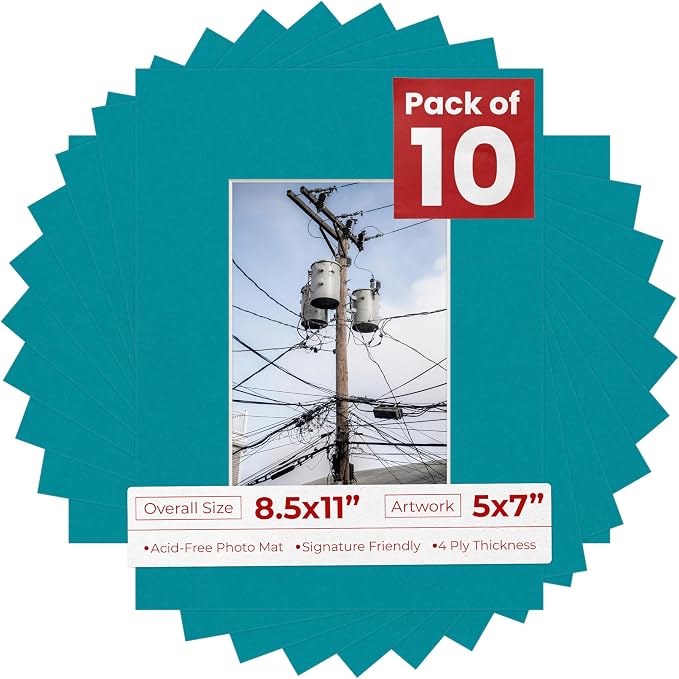 5x7 Mat for 8.5x11 Frame - Precut Mat Board Acid-Free Show Kit with Backing Board, and Clear Bags Teal Blue 5x7 Photo Matte Made to Fit a 8.5x11 Picture Frame Matboard for Framing, Pack of 10 Mats by PosterPalooza