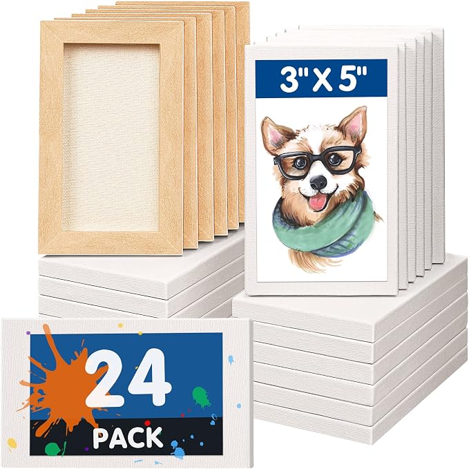 Mini Stretched Canvas for Painting - 24 Pack 3 x 5 Inch, 2/5” Profile Small Canvases, 100% Cotton Primed Blank Canvas, Home Decor Project, Art Supplies for Acrylic Oil Painting by FIXSMITH