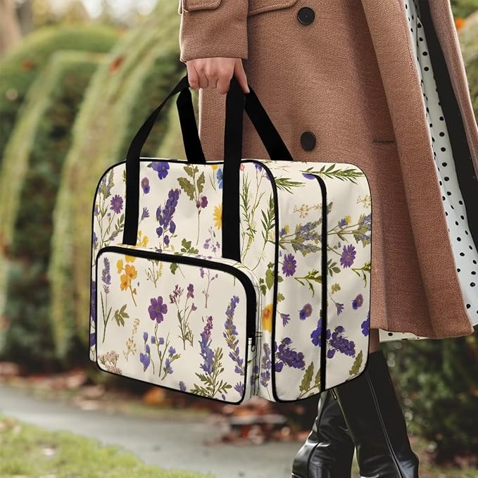 Floral Sewing Machine Carrying Cases Beige Carrying Travel Storage with Storage Pocket Sewing Machine Accessory Organizer Lightweight Sewing Machine Tote Pattern - Image 3