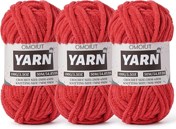 3 Pack Red Fluffy Chunky Chenille Crochet Yarn, Baby Yarn for Crocheting Soft Blanket, Bulky Velvet Yarn (100g/54.8yds Each), Plush Amigurumi Yarn for Knitting Crafts, Scarves, Puzzle by Unknown