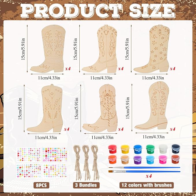 Blueweenly 48 Pcs Rodeo Themed Cowboy Party Favors Wood DIY Crafts, Unfinished Rodeo Western Crafts Wooden Ornaments for Western Theme Birthday Party Classroom DIY Activities (Cowboy Boots) - Image 2
