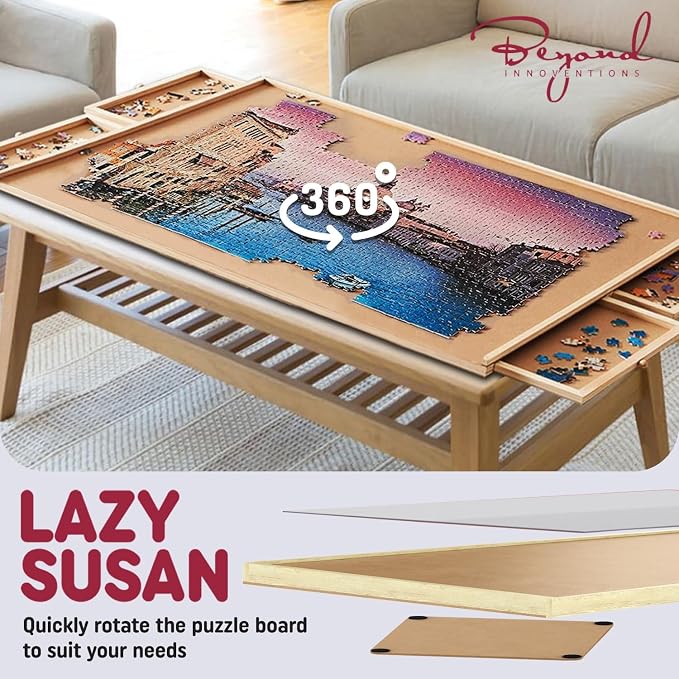 Rotating 1000 Piece Wooden Puzzle Board | 30" x 22" Puzzle Table | 4 Drawers, Protective Cover Included, Portable Jigsaw Puzzle Table for Adults and Kids - Image 2