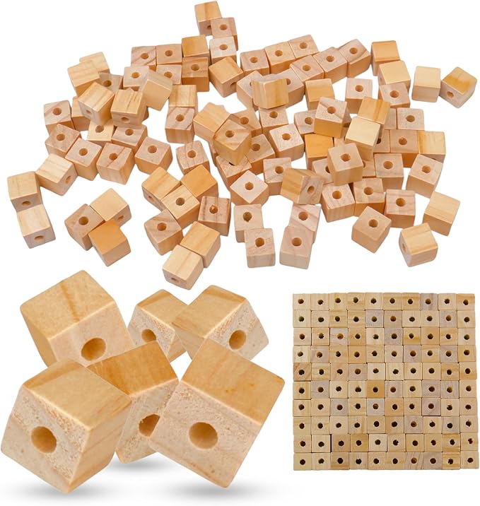Wood Cubes with Holes, 100-Pack - 1/2 in. Blocks for STEM Cars | 100 half-inch wood cubes pre-drilled for axles and dowels, ready for car and machine builds by STEMInventions