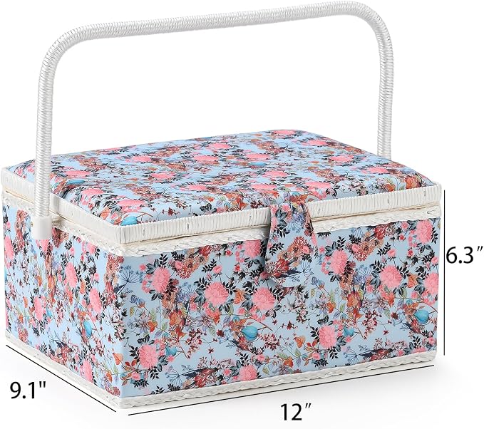 Sewing Basket with Sewing Supplies, Large Sewing Box for Accessories Storage, Blue Pink Flower Pattern - Image 2