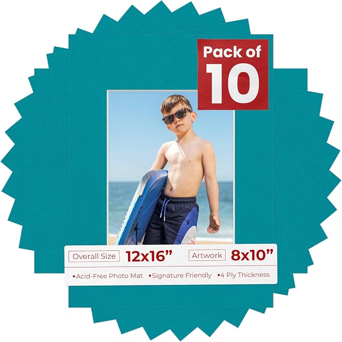 8x10 Mat for 12x16 Frame - Precut Mat Board Acid-Free Show Kit with Backing Board, and Clear Bags Teal Blue 8x10 Photo Matte Made to Fit a 12x16 Picture Frame Matboard for Framing, Pack of 10 Mats by PosterPalooza