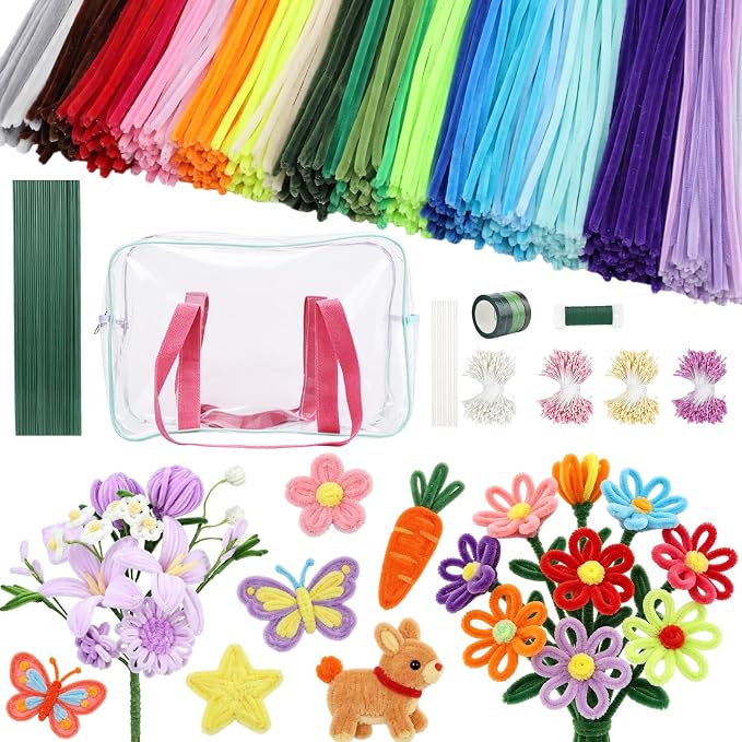 3600 Pcs Pipe Cleaners Craft Bulk Multi-Color Chenille Stems Art Supplies with 50 Flower Stems 5 Tape 10 Glue and 4 Stamens for DIY Arts and Crafts Projects Flowers Decorations (36 Colors) by Entallor