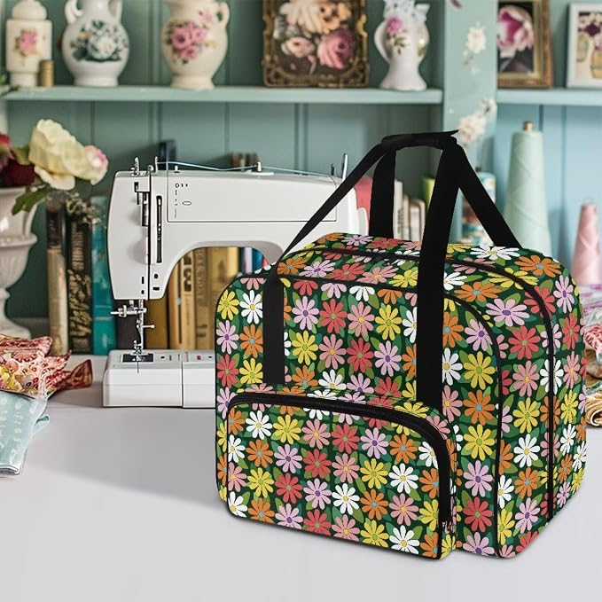 Sewing Machine Case Portable Sewing Machine Organizer Bag Large Capacity Appliance Dust Storage Bag Universal Versatile Travel Tote Bag, Hippie Flower - Image 2