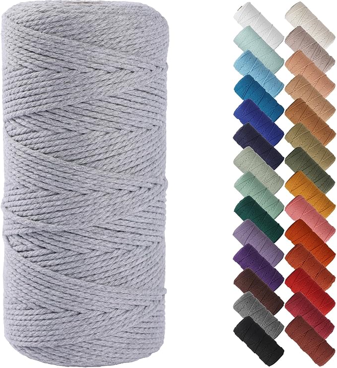 NOANTA Light Grey Macrame Cord 2mm x 220yards, Cotton Rope Yarn, Colorful Craft Cord for Wall Hanging, Plant Hangers, Crafts, Knitting