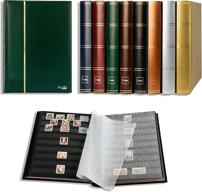 Prophila Stamp Album Stockbook 60 Black Sides, Leatherette Padded Green Cover by ProphilaCollection