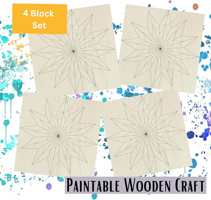 Set of 4 Mini Quilt Block Pattern, Wood Barn Star DIY Kits for Adults, Tiny Wall Hanging Do It Yourself Painting Craft Kit (Starburst) - Image 3