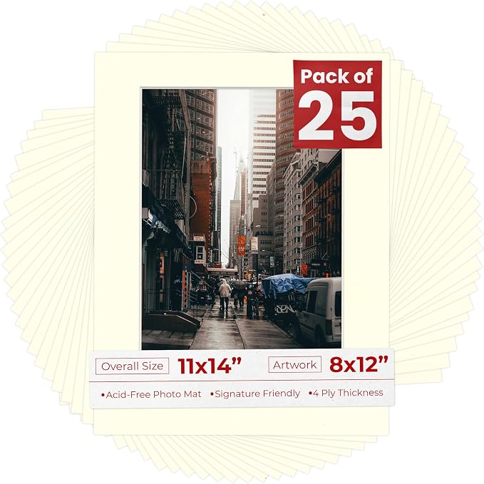 8x12 Mat for 11x14 Frame - Precut Mat Board Acid-Free Textured Cream 8x12 Photo Matte For a 11x14 Picture Frame, Premium Matboard for Family Photos, Show Kits, Art, Picture Framing, Pack of 25 Mats by PosterPalooza