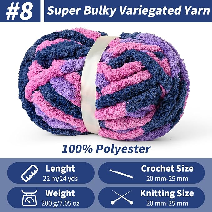 Chunky Jumbo Chenille Yarn Multicolor 10 Pack | 2000g/240yds Super Bulky Baby Soft Yarn for Hand Knitting Fluffy Chunky Knit Throw Blanket Yarn - Image 2